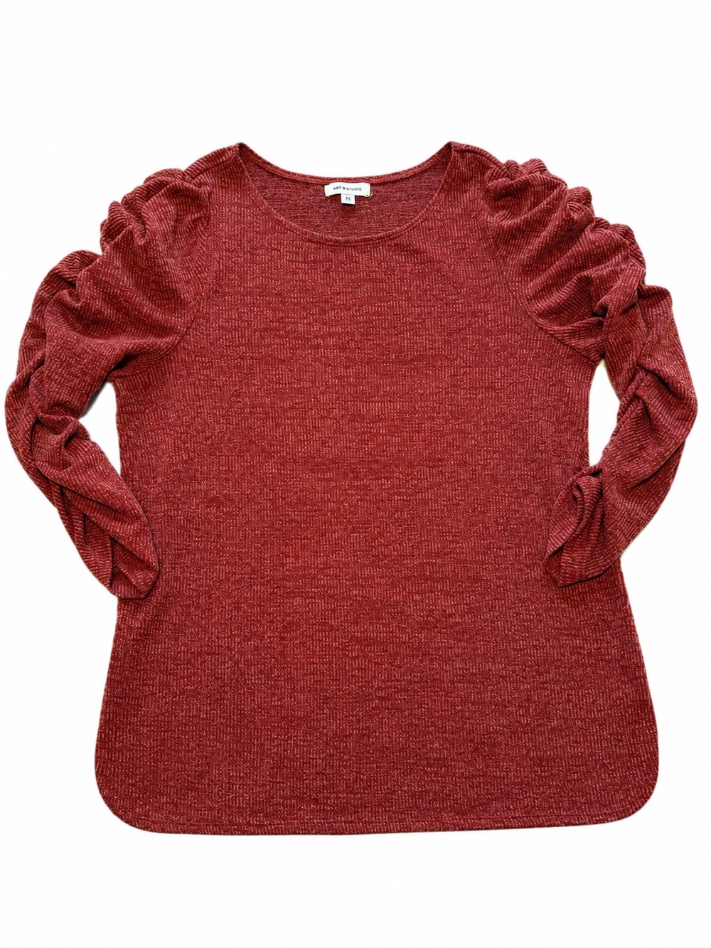 Max Studio Women’s Medium Burgundy Ruched Sleeve Textured Top Long Sleeve